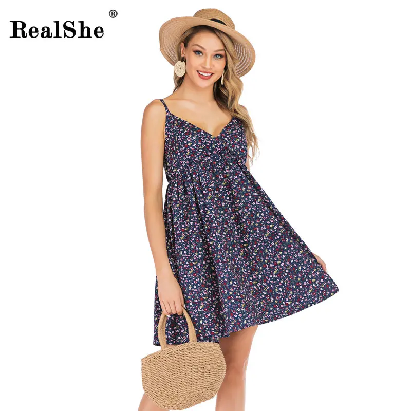 

RealShe Fashion Summer Dress Women V-Neck Sleeveless Print Party A-Line Sexy Mini Dresses Ladies Casual Beach Short Dress