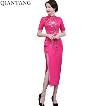 

Fashion Chinese Womens Embroidery Long Cheongsam Novelty Female Rayon Qipao Slim Dress Vestido Size S M L XL XXL XXXL 4XL 115916