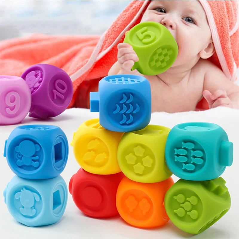 

10pcs/set 3D Touch Hand Soft Building Blocks Baby Grasp Bricks Baby Massage Rubber Teethers Squeeze Toy Bath Ball Toys