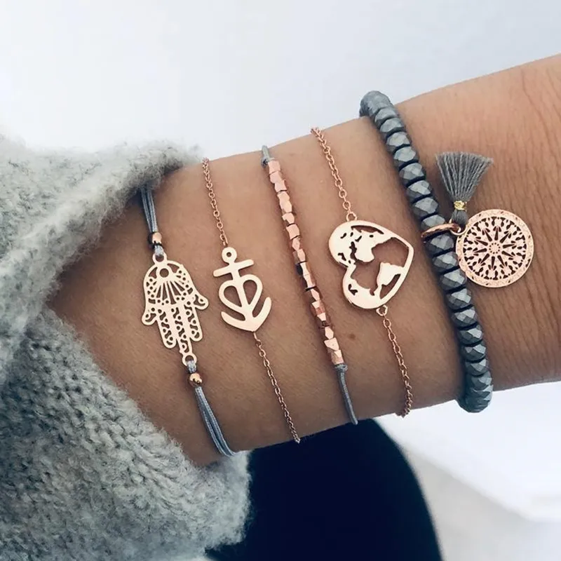 

DIEZI Bohemian Grey Beads Chain Bracelets Bangles For Women Fashion Heart Palm Map Ocean Chain Bracelets Sets Jewelry Gifts