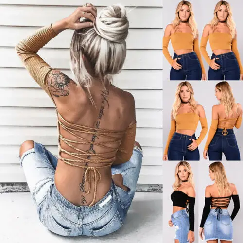 Women Off Shoulder Bandage T Shirt Crop Top Slim Vest Club Wear