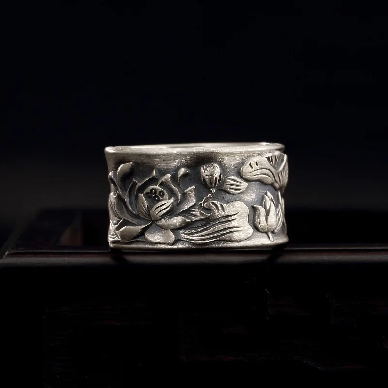 

Elk Silver S999 Full of Silver Lotus Lotus Leaf Heart by Sterling Silver Retro Personality Opening Male Ms. Rings Wholesale