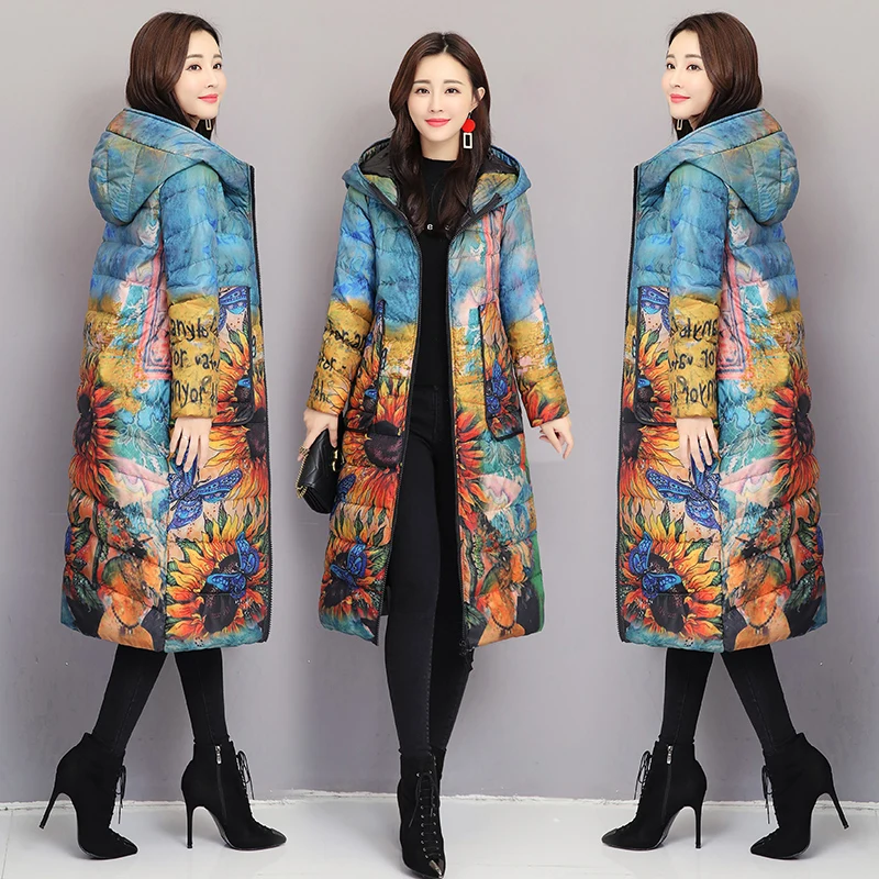 Tcyeek женские пальто Зимний толстый теплый пуховик Длинная пуховая парка размера плюс 5XL пальто с принтом женская с капюшоном модная одежда LWL1336 - Цвет: sunflower
