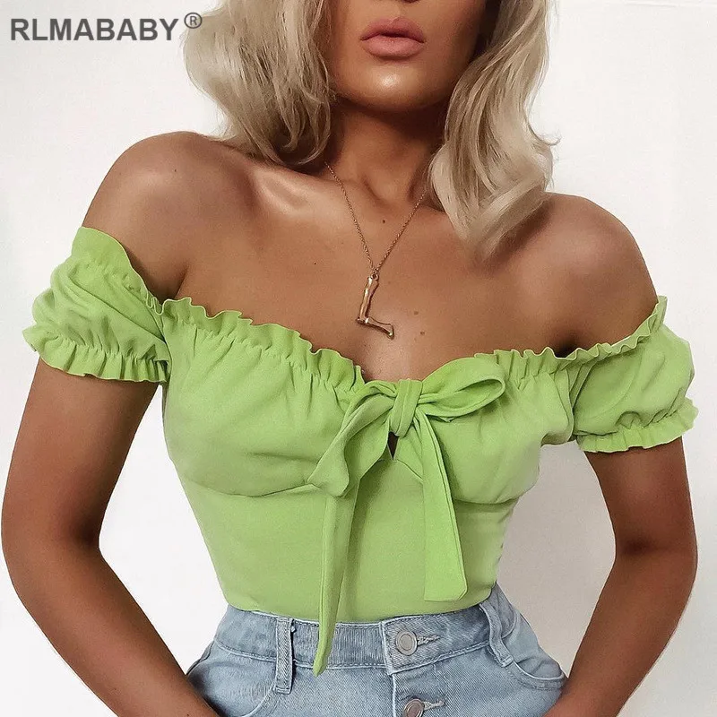 

RLMABABY Off Shoulder Ruffles Bandage Sexy Bodysuit Women Puff Sleeve Bow Bodycon Romper Jumpsuit Casual Basic Summer Bodysuit
