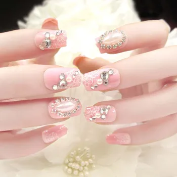 

Wholesales wedding nail tips 24pcs Fake Nails with Glue Pink full cover Long False Nail fingernail Crystal Flower faux ongle