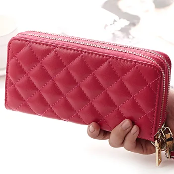 

New Fashion Women Long Wallets Genuine Leather Clutch Money Bag Diamond Lattice Wallet Purse Ladies Double Zipper Card Holder