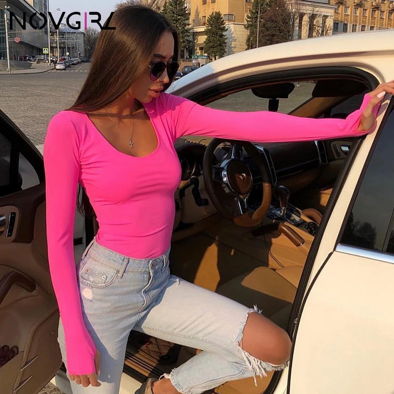 Novgirl неоновые зеленые розовые красные футболки женские хлопковые эластичные