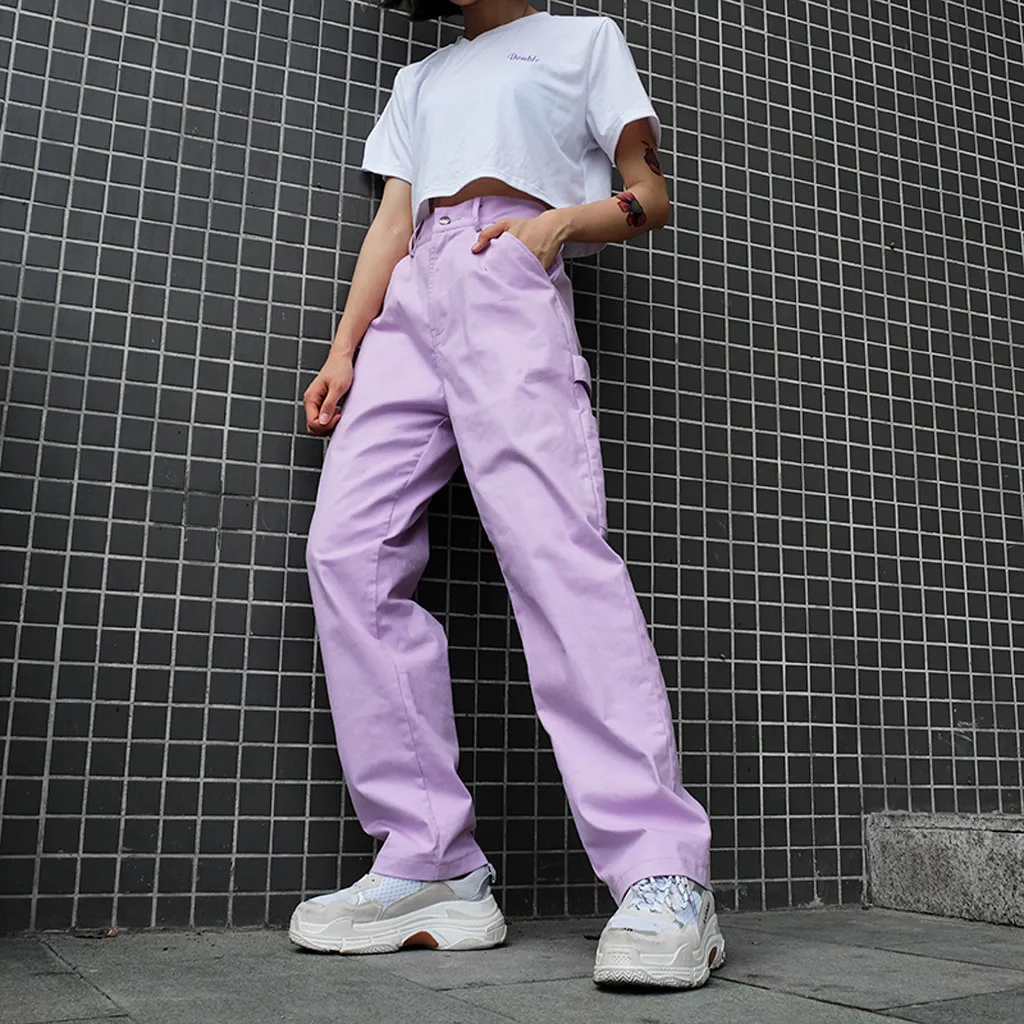 

Streetwear Cargo Pants Women Casual Joggers pink High Waist Harem Pants Cargo Soild Pants Elastic Waist Pocket Casual Pants