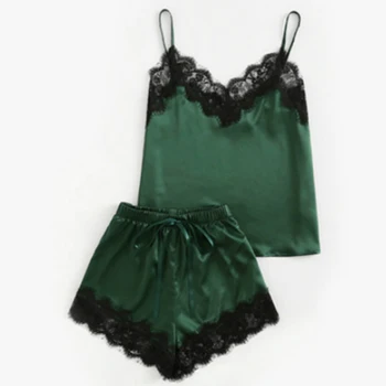

Women Pijama 2 Pcs Sets Sexy Lace Satin Pajama Sets Sleeveless Tops+Shorts Nightwear Pyjama Sets Women's Sleepwear