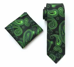 Модные Для мужчин галстук комплект Зеленый Пейсли связей с Плетеный платок комплекты