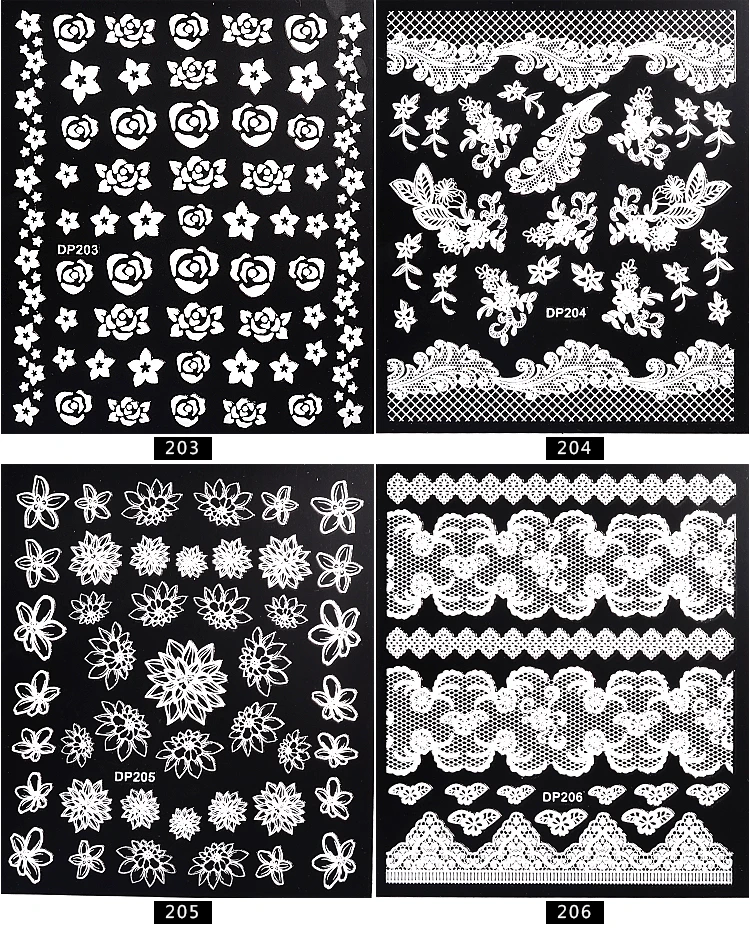 1 лист белые наклейки для ногтей кружево микс цветок лист рисунки Бабочек 3d клей липкий полый Шарм маникюр Дизайн ногтей украшения