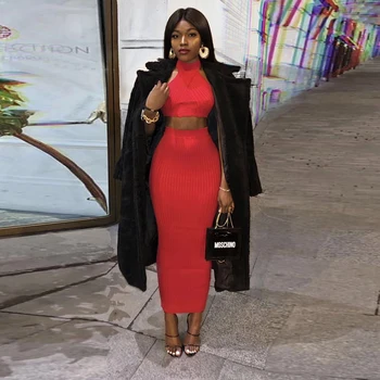 

Womens 2 Piece Set Halter Sleeveless Backless Short Cropped & High Waist Back Split Skirt Sheath Robe Bandage Skirts Suit Set