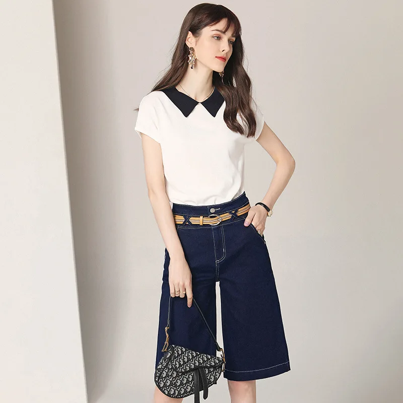 

Dark Blue Jeans Denim Women Two Piece Sets Clothes Women Outfits Shorts Set ins 2 Piece Set Top and Pants White Ladies Knit Tops