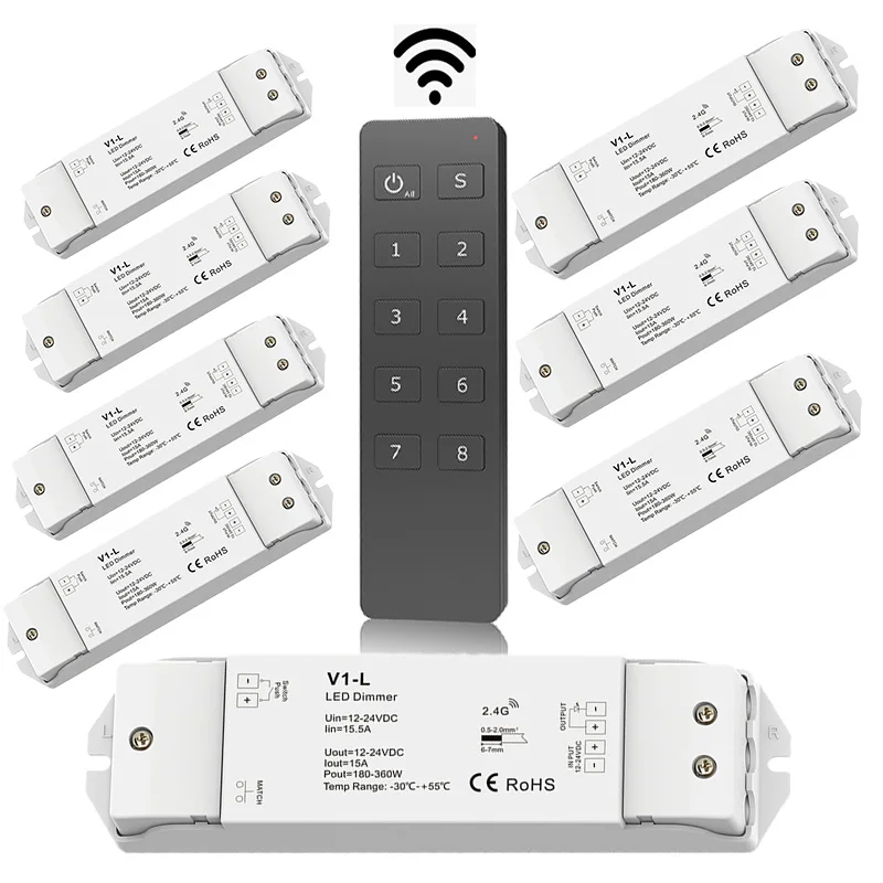 Новые светодиодные полосы 12V/24V 15A Выход V1 L 8 зон RU8 Беспроводной RF сенсорный пульт