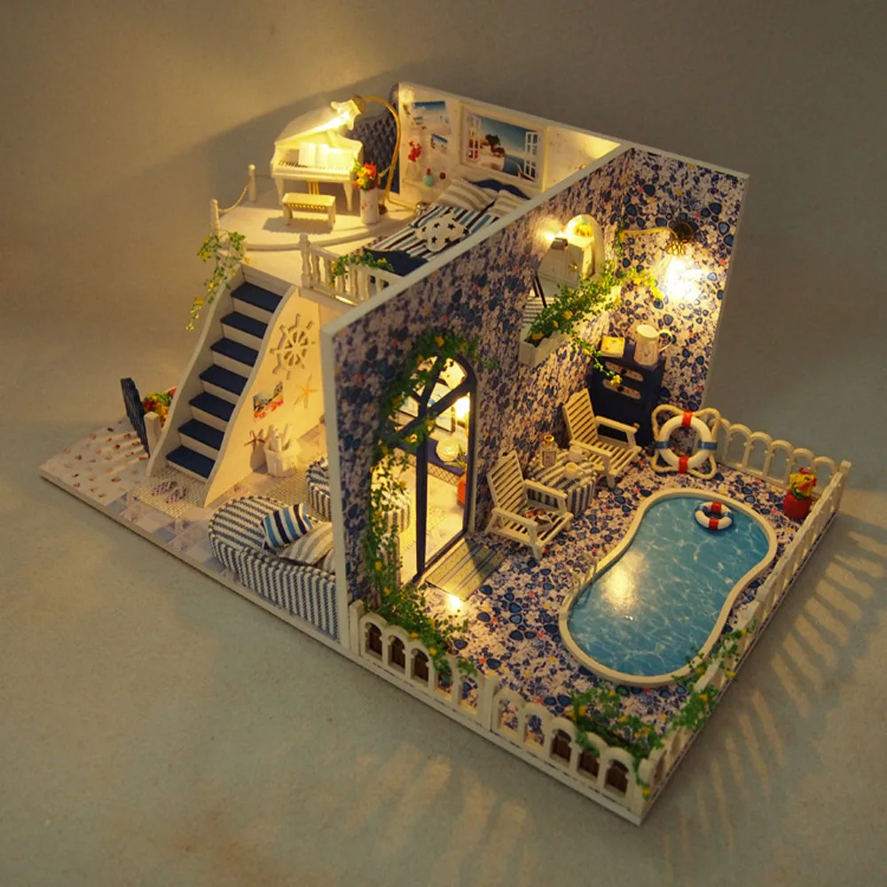 3D DIY сборка деревянный кукольный дом модель Санторини вилла бассейн пляжный Led
