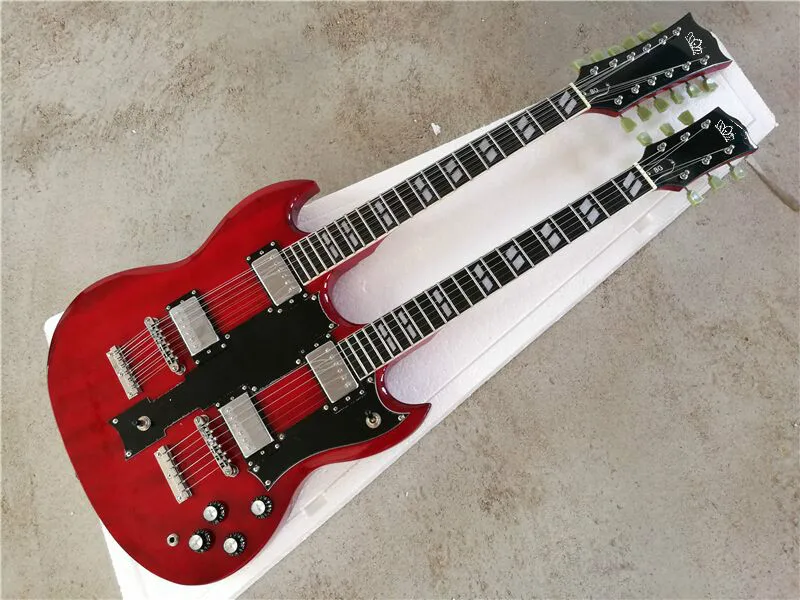

Top quality FDDH-007 transparent red color solid body chrome hardware 12/6 strings double neck electric guitar , Free shipping