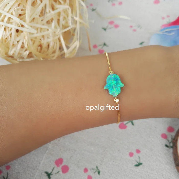 

1pc/lot New Fashion Green 11*13mm Opal Hamsa Bracelet With 925 Silver gold box chain Fatima Hand Bracelet Jewelry For Gift
