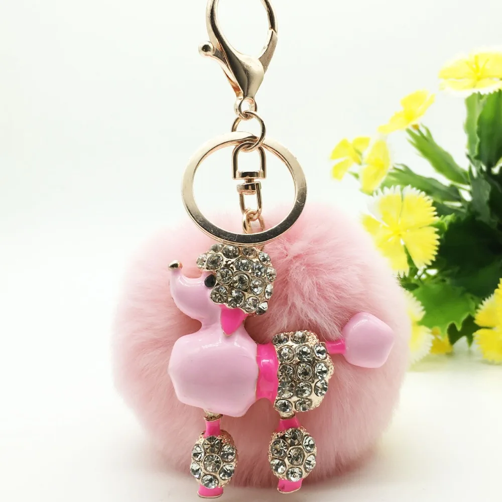 

2017 new trinket fake pompom keychain bunny keychains on bag rabbit fur Keychain fur pom pom charms for bags anime