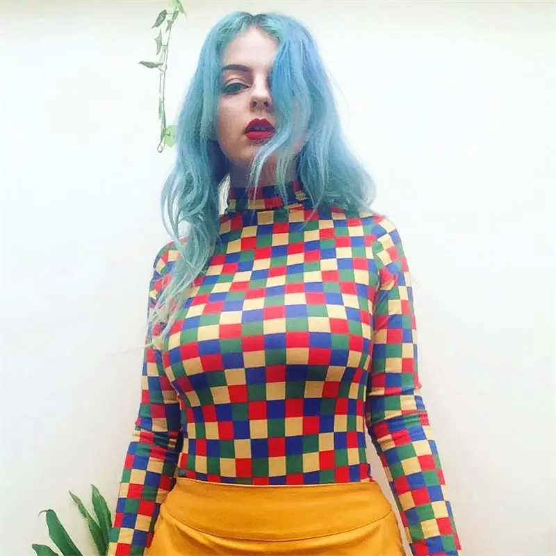 InstaHot Colorful Mock Neck Plaid Bodysuits Women Long Sleeve Checkered Print Elastic Skinny Bodysuit Sexy Streetwear 2019 Tops
