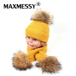 Maxmessy Зимняя шерстяная одежда трикотажные наборы шарф шапка для детей/детские три енота Мех животных помпонами модные теплая Кепка-бини