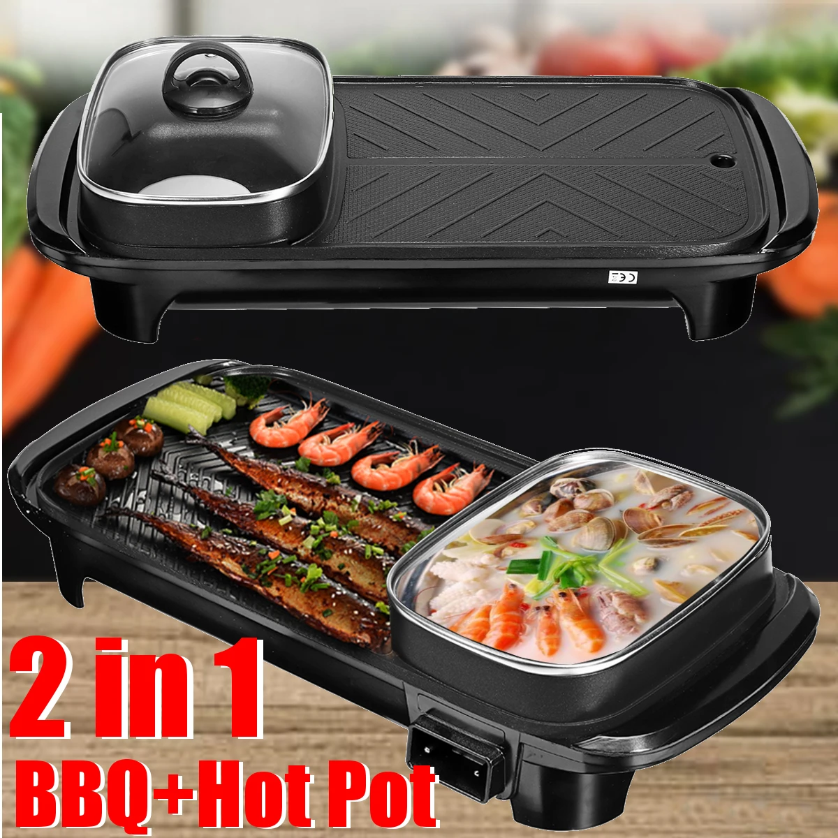 

Electric Barbecue Plate Household Electric Hot Pot Smokeless Non-stick Cooking Machine Black Stainless Steel Pans 220V 1600W