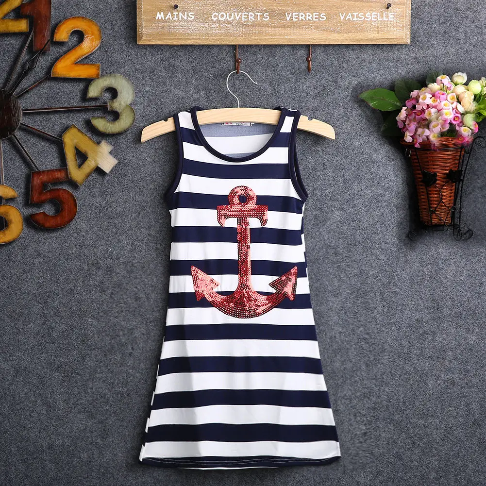 

New In Fashion Casual Summer Kids Infant Toddler Baby Girls Sleeveless Anchors Striped Long Maxi Dress 2-7Y