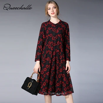 

Queechalle Fashion Print Hollow Out Elegant Lace Dresses for Women Spring O Neck Long Sleeve Loose Plus Size Women Dress Red