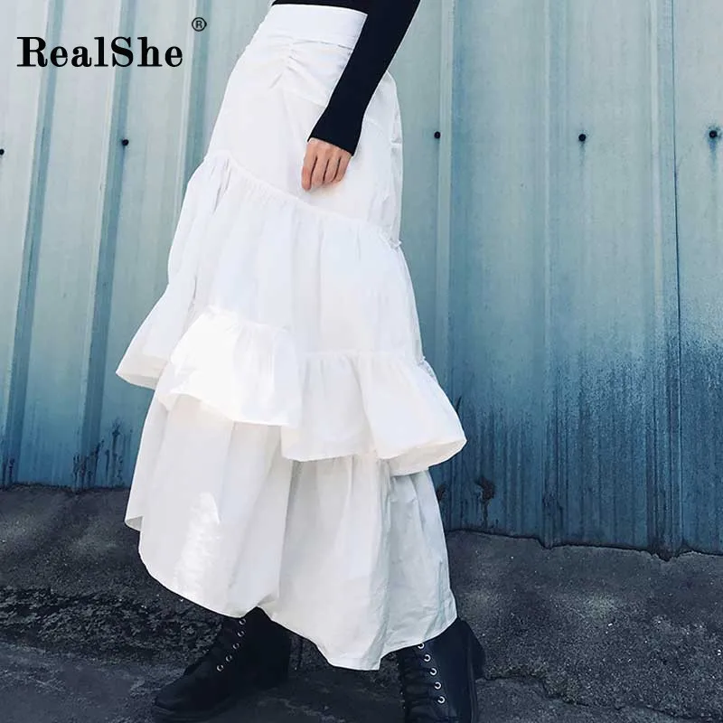 RealShe New Skirts Womens High Elastic Elegant Asymmetrical Cake Ruffles A-Line Skirt Ladies Autumn Casual Skirt Jupe Femme