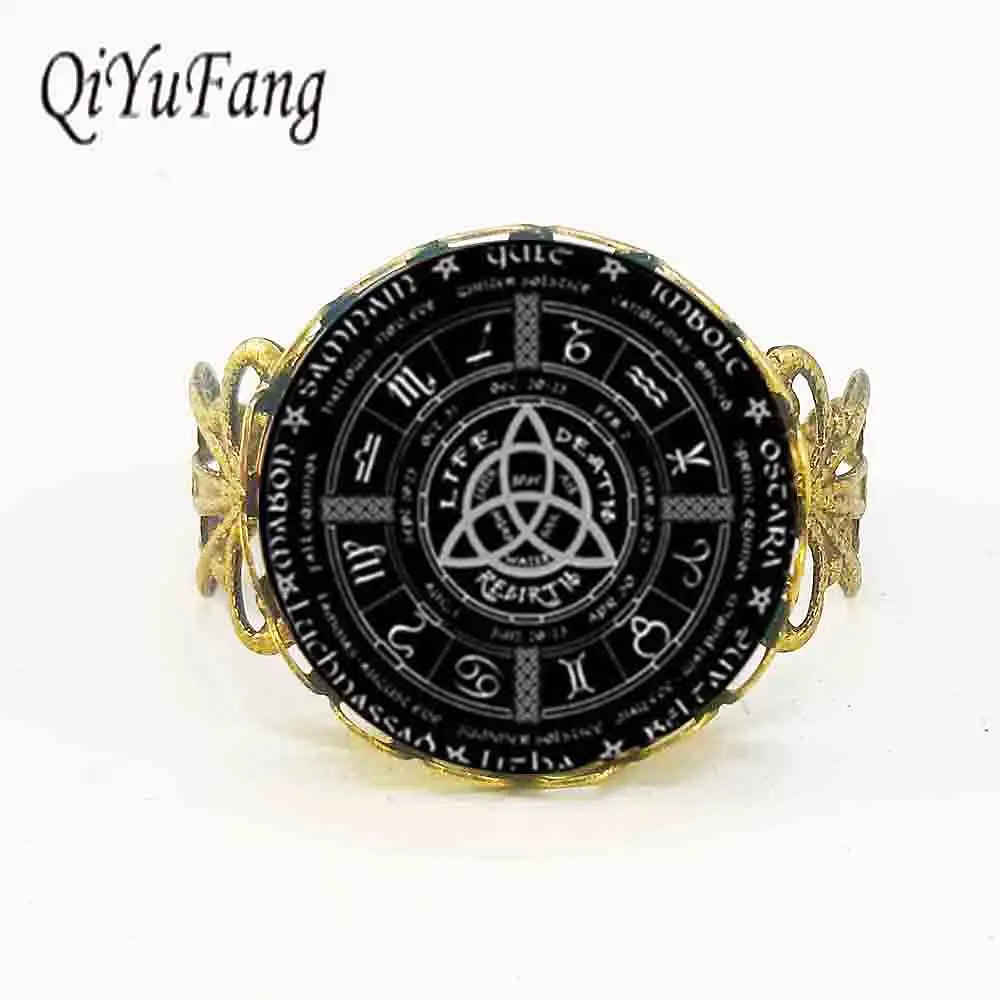 

Qiyufang rings New Pagan Wheel Of The Year Pentagram Ring Round Photo Wiccan Jewelry Glass Cabochon Link 2018 steampunk vintage