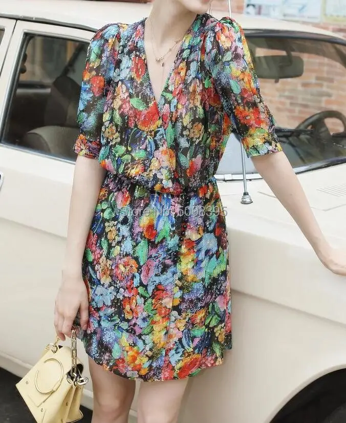 Разноцветное шелковое мини-платье с цветочным принтом, v-образным вырезом, короткими пышными рукавами, эластичным поясом, женское модное короткое платье