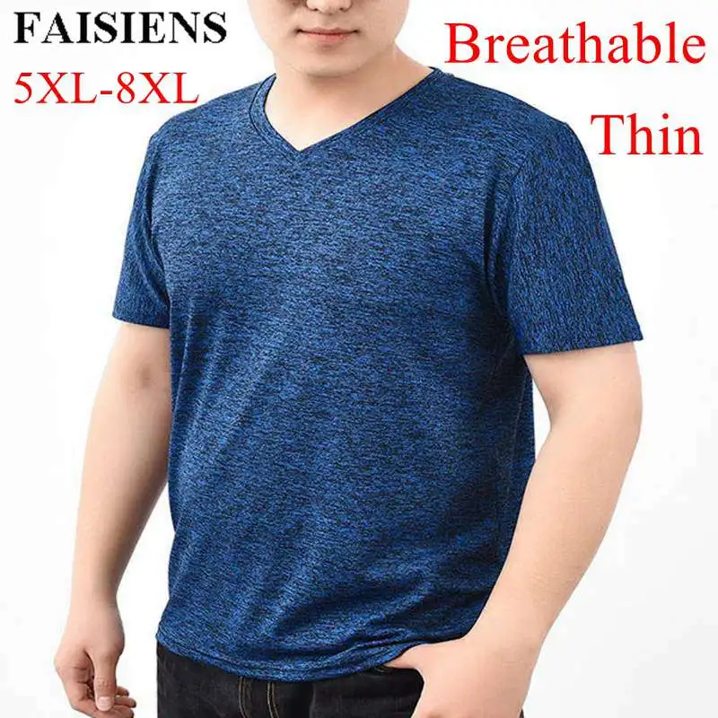 

FAISIENS 7XL 8XL Breathable Thin T-shirt Men V Neck Short Sleeve Black Blue Gray Elastic Large Size 5XL 6XL Slim Fit Men T Shirt