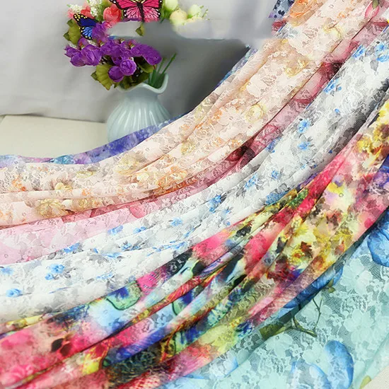 

Stretch printed lace fabric Dress bottoming shirt, shawl scarf, skirt, spring and summer bud silk screen clothing fabric