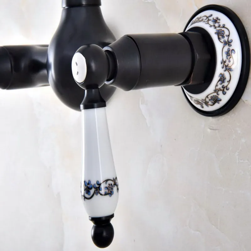 Black Oil Rubbed Bronze Wall Mounted Bathroom Kitchen Sink Faucet Swivel Spout Mixer Tap Dual Ceramics Handles Levers anf864