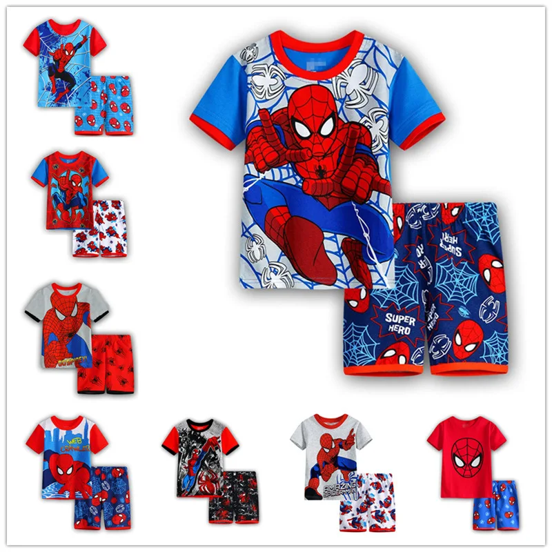

Spiderman Cosplay Costume New Summer Cotton Spider-Man Tracksuit Kids Set Cartoon Pajamas Halloween children's print clothing