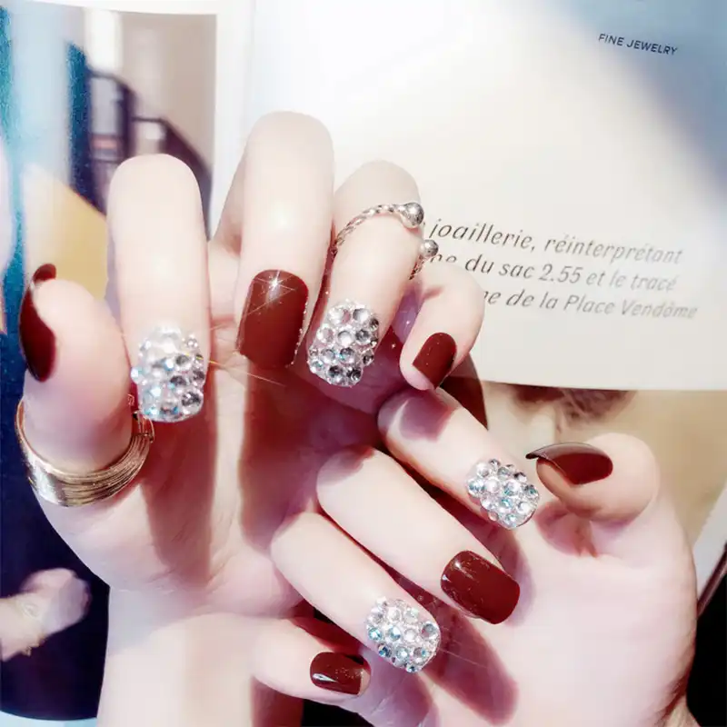 24ピース セットラグジュアリーラインストーン花嫁ネイルアート指の爪の装飾短いプリデザインワイン赤フルネイルのヒントアクリル偽を接着剤 False Nails Aliexpress