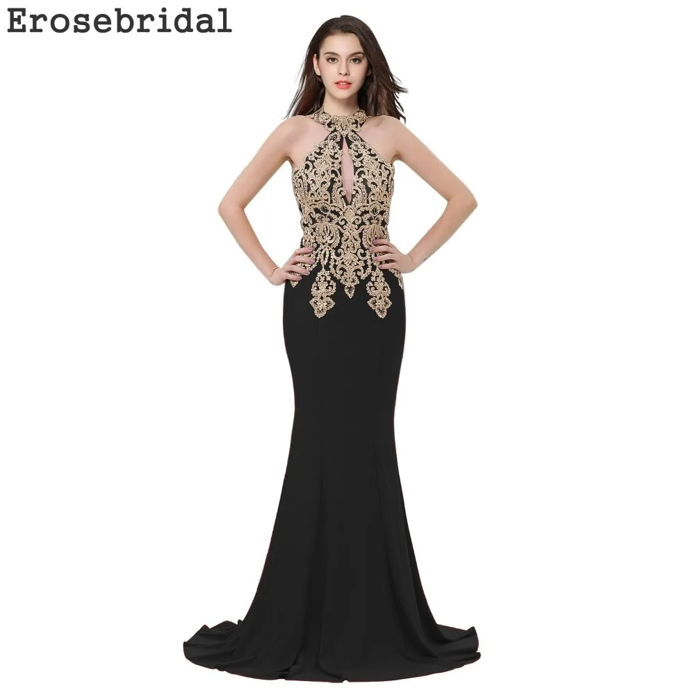 

2019 Autumn New Evening Dress Long Black Mermaid Evening Gowns Robe De Soiree with Sweep Train Gold Appliques 48 Hours Shipping