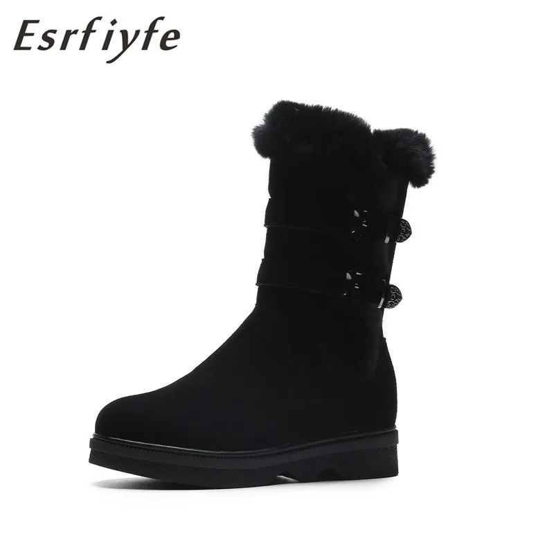 

ESRFIYFE Warm Cow Suede Women Snow Boots Winter Shoes Fur Ball Mid-Calf Boots Female Fashion Boots Non-Slip Snow Casual Shoes