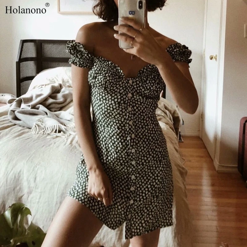 

Holanono 2019 Summer Sexy Dress Women Boho Kawaii Vintage Green Floral Mini Dress Elegant Korean Fashion Vestidos Beach Dresses