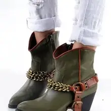 Зимняя обувь из натуральной кожи с цепочками; женские ботильоны с пряжкой; botas Mujer; мотоциклетная обувь; bottes femmes; коллекция года; массивный каблук; bottine femme