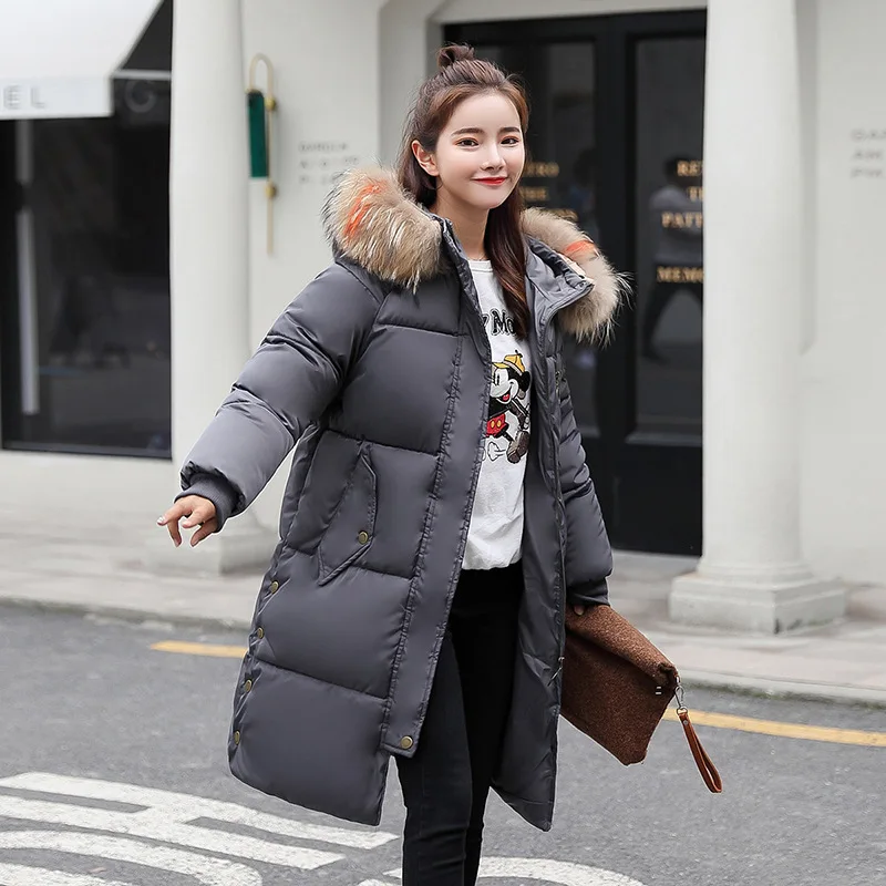 Geckoistail Women Casual Thick Warm Big Fur collar Coat Parkas Jacket 2018 Winter Down Cotton Hooded Ladies Loose Outerwear Coats