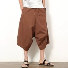 Летние винтажные повседневные свободные мужские брюки капри льняные шаровары широкие удобные мужские короткие брюки Одежда для пляжа больших размеров