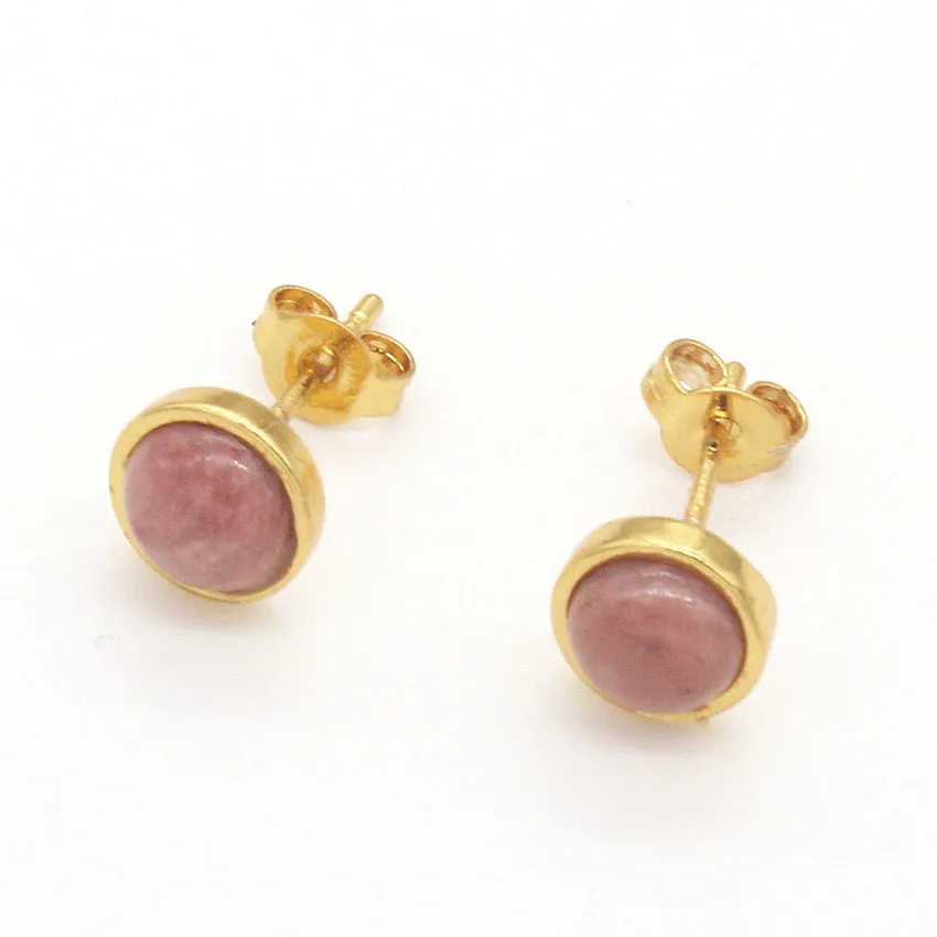 100-уникальный трендовый 1 пара светильник цвета желтого золота с камнем Родонит круглые серьги-гвоздики элегантные женские ювелирные изделия
