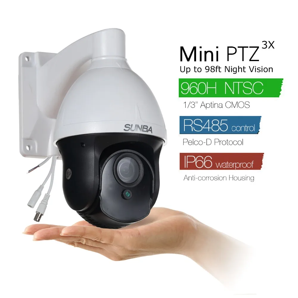  SUNBA 3X Optical Zoom, Mini Analog PTZ Camera, 960H 700TVL, 25m Night Vision CCTV Outdoor Security Dome Anti-Corrosion (301-3X) 