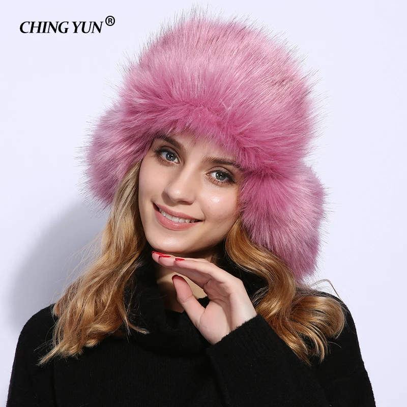 

CHING YUN New Girl Winter Bomber cap Pilot Keep warm Cap Hat Lady Warm Fashion Red Chic Hats Women Accessories Faux Fox hair