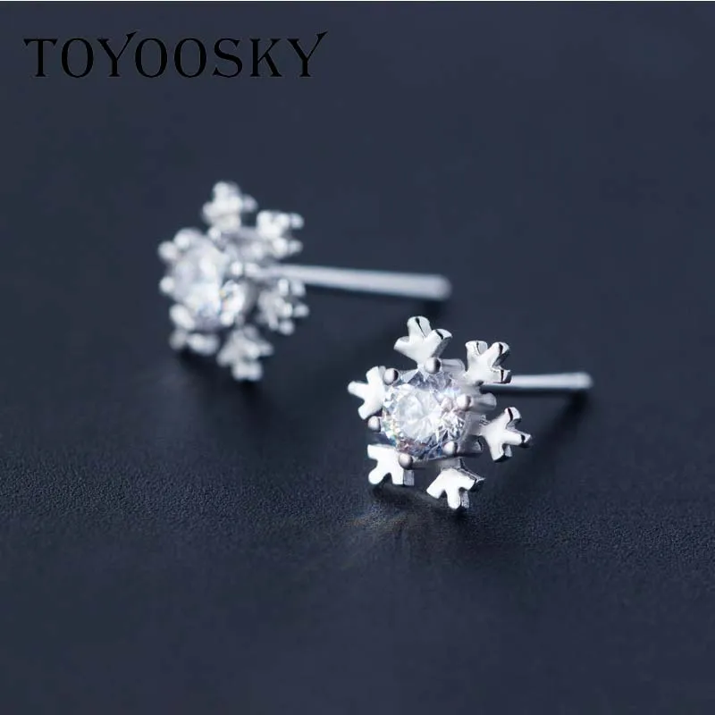 

TOYOOSKY Crystal Snowflake Snow Flake Earrings Pink White Blue 925 Sterling Silver Bijoux Stud Earrings For Women Lady Jewelry