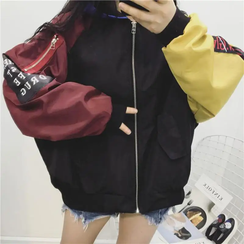 amazing  Spring Autumn Women Contrast Short Jacket Long Sleeve Zipper Letter Jacket Korean Loose Patch Femal