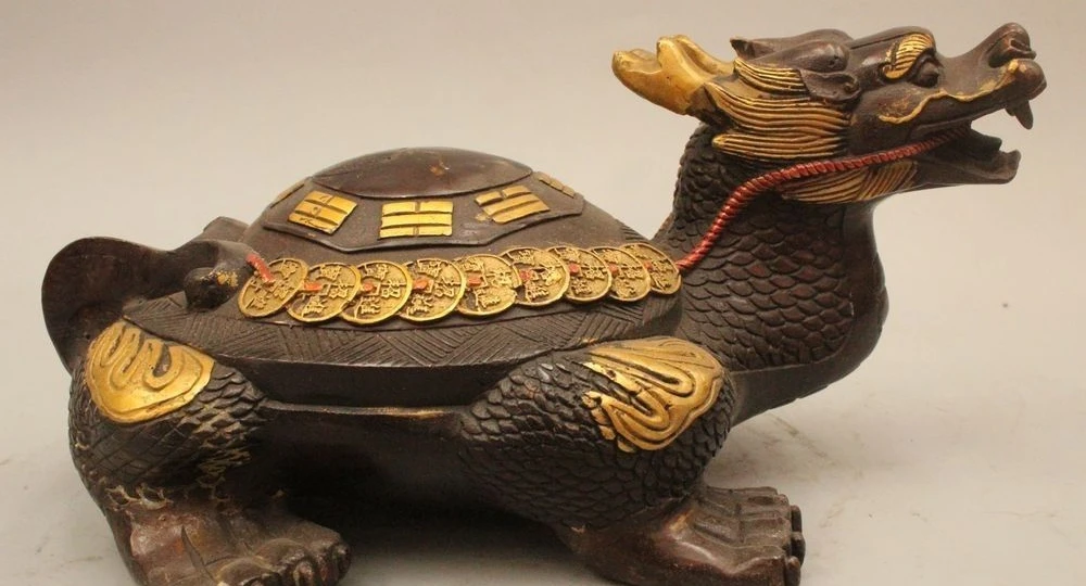 

Lucky China Fengshui Bronze Gild Money Wealth Dragon Turtle 8 Diagrams Statue