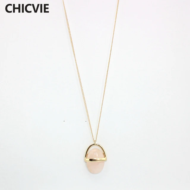 chicvie vintage pink stone necklace long gold color necklaces