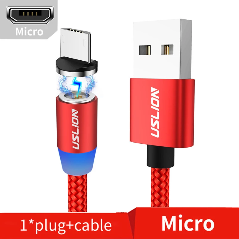 USLION, магнитное зарядное устройство, быстрая зарядка, магнит, USB, микро кабель, 3А, Тип C, кабель type-C, светодиодный, в нейлоновой оплетке, для Iphone 7, XS, XR, samsung - Цвет: Red For Micro