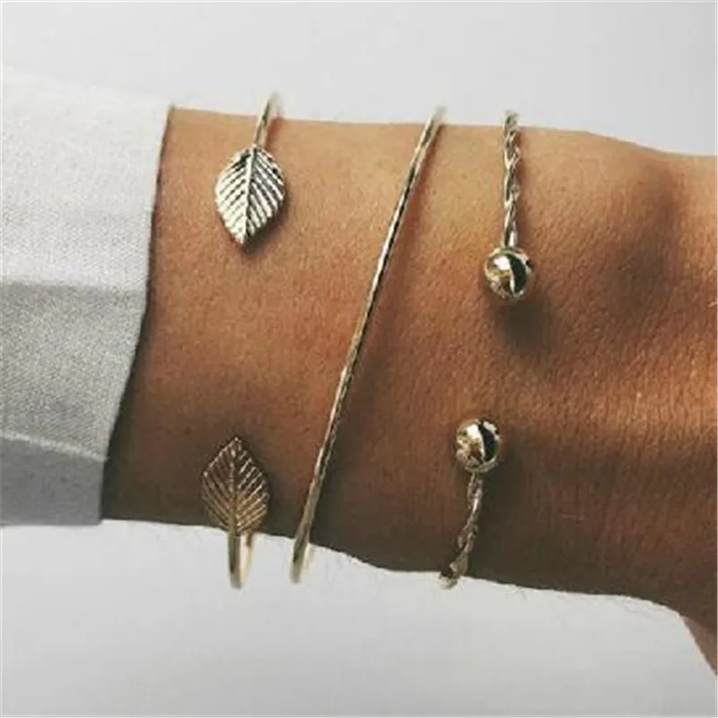 Adolph 5Pcs/Set Fashion Punk Gold Chain Moon Leaf Crystal Geometry Open Bracelet Set Women Charm Beach Jewelry A Direct Sale - Окраска металла: bn63